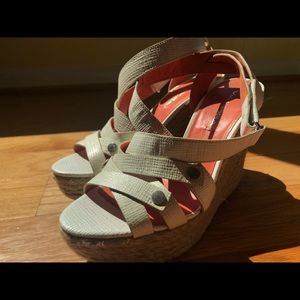 Four inch leather and rope wedges, never worn w/t.